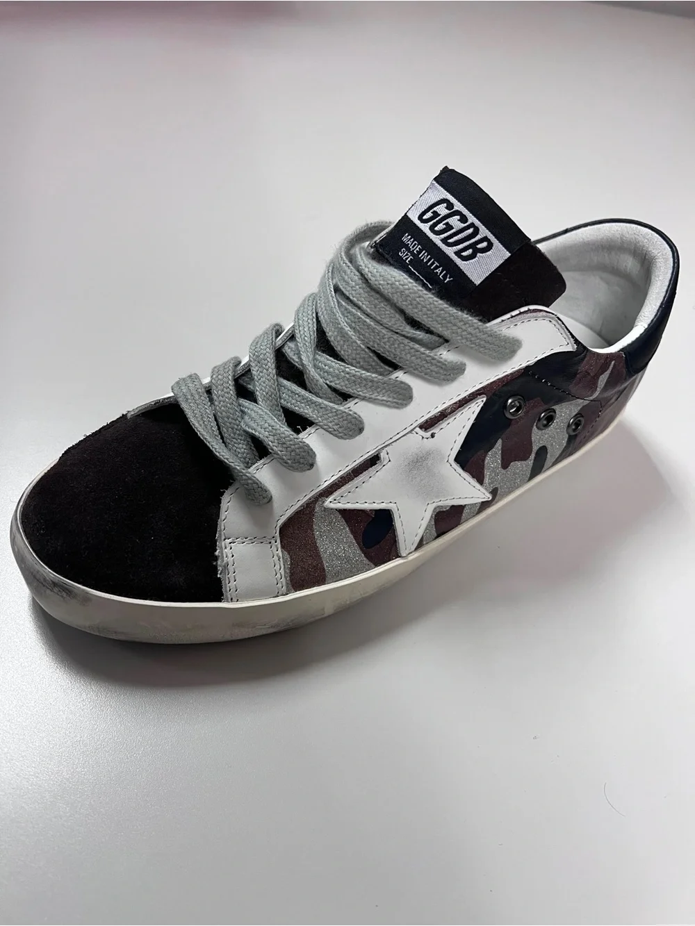 Golden Goose Kids Camo Superstar Sneakers in Brown, White & Silver